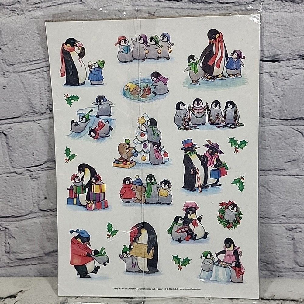 Current Inc Vintage Stickers Christmas Penguins Presents Holly Snow 2 Sheets New